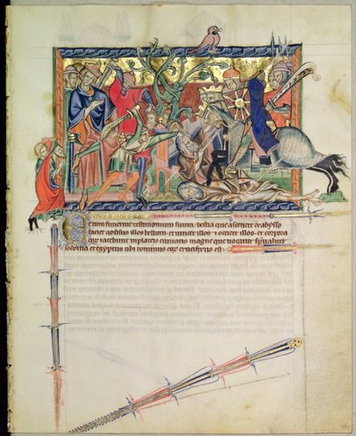 Exterminans Watching the Horsemen Trample the Two Witnesses, from the Gulbenkian Apocalypse, c.1265-70 by English School